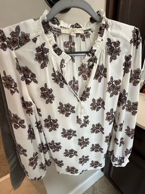 LOFT White Floral Print Long-Sleeve Peasant Blouse